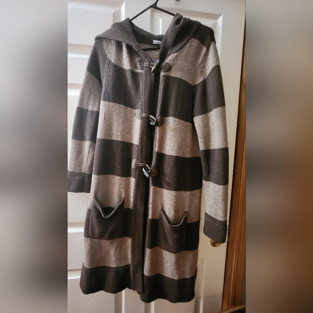 Old Navy Hooded Striped Duster Coat/Sweater in Brown and Tan - Picture 3 of 6